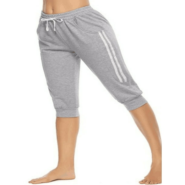 Daeful Ladies Capri Pant High Waist Pants Jogging Elastic Waisted Tapered  Trousers light grey XL