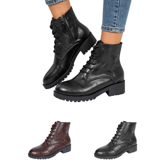 Women's Mid Calf Combat Boots Leather Lace Up Motorcycle Shoes Elastic Chunky Platform Boot Lug Sole Riding Booties Waterproof Hiking Walking Boots Brown 9.5(43)