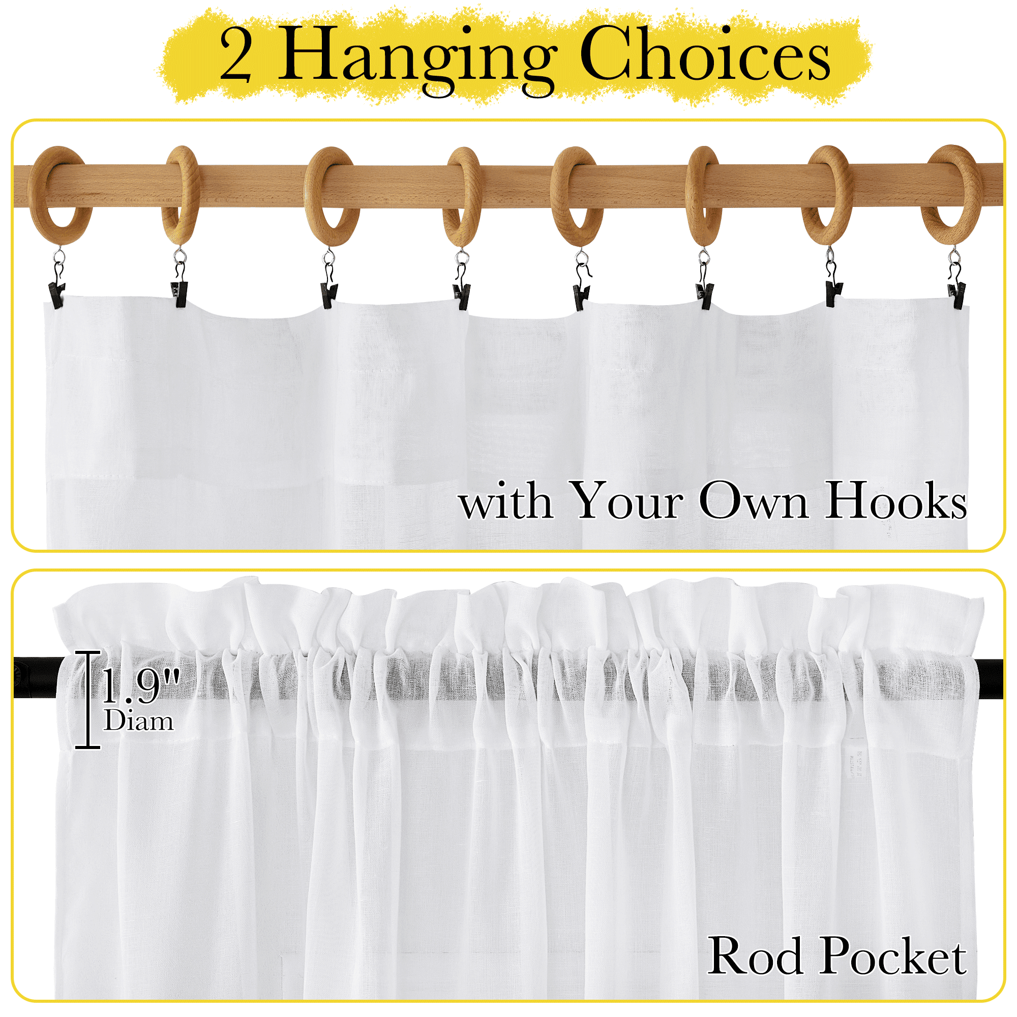 NICETOWN White Linen Sheer Curtains for Living Room, Rod Pocket Semitransparent Balance Privacy & Light Filtering Vertical Sheer Flax Drapes, 52"x84", 2 Panels