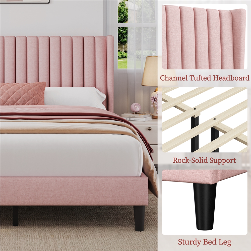 Yaheetech Upholstered Platform Bed Frame with Channel Tufted Headboard, Queen, Pink