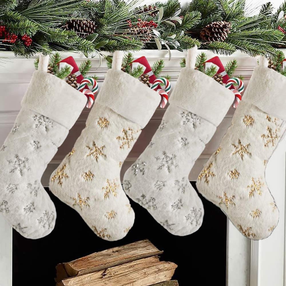 18'' Christmas Stockings Large Plaid Snowflake Plush Gift Sock Xmas Party Decor 