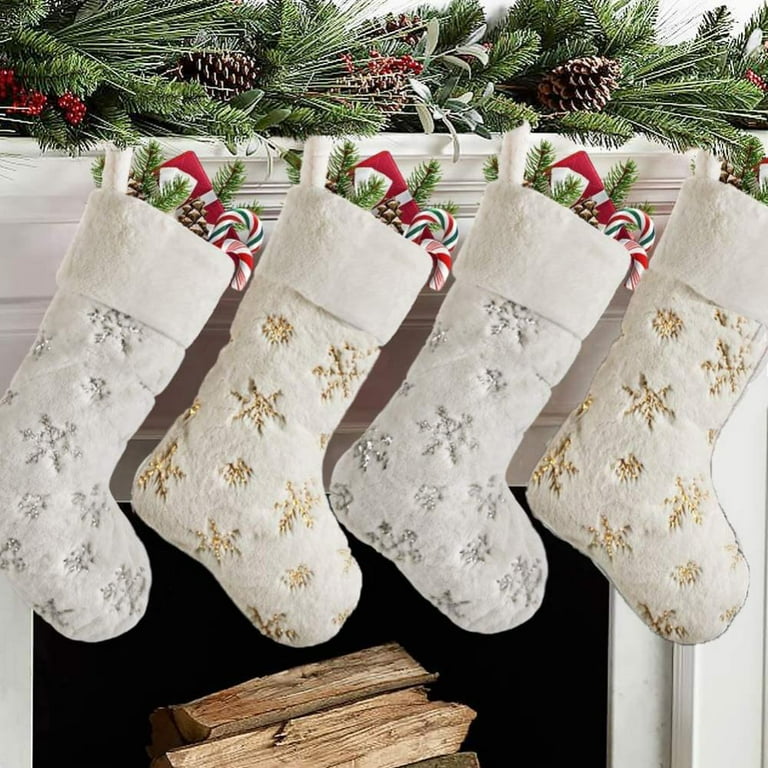 White Christmas Stockings 18 Inches Faux Furry Fur Silver Large