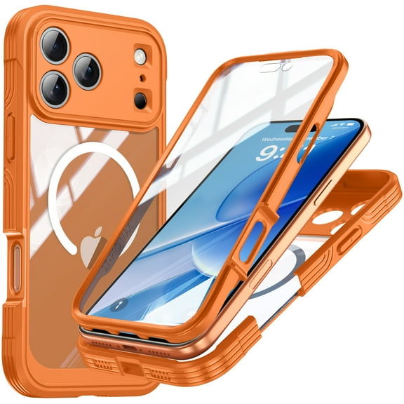 JiaheCover iPhone 17 Pro Max Case,Built-in Screen Protector Full Body Case Shockproof Transparet Back Mag-Safe Cover for iPhone 17 Pro Max,Orange