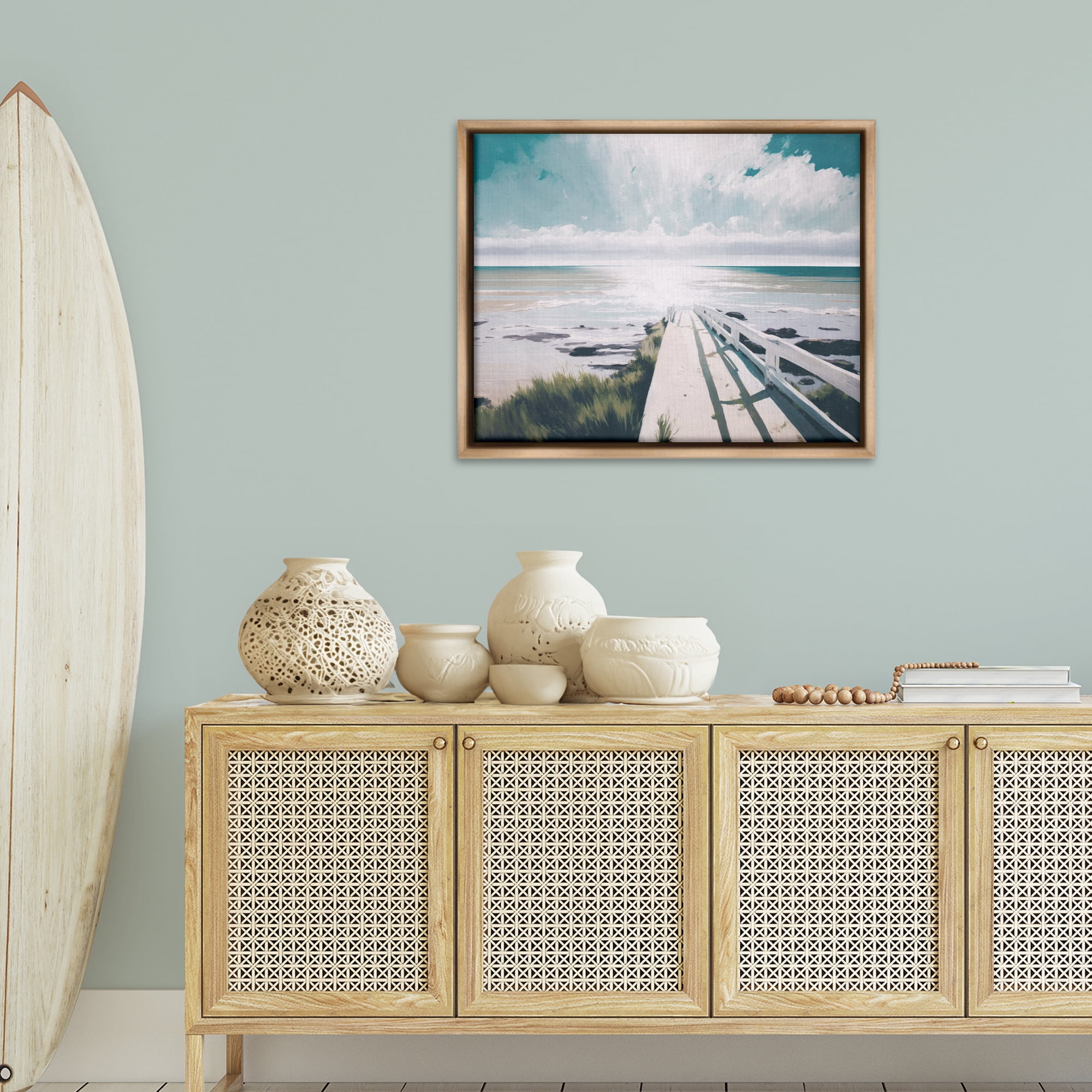 Stupell Industries White Bridge to Shore Nautical & Beach Painting Brown Floater Framed Canvas Art Print Wall Art, 31 x 25