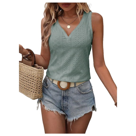 Fashion Button Embroidered Eyelet Tank Top Women Summer Tops Casual Country V Neck Tee Shirts Sleeveless Loose Blouse Green L