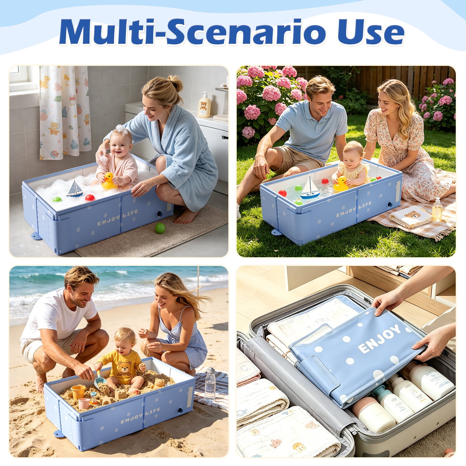 Wonderstone Portable Foldable Bathtub, Rectangle Baby Shower Tub with Drainage Design, Beach Vacation Travel Essentials for 1-3 Kids Toddler (Blue)