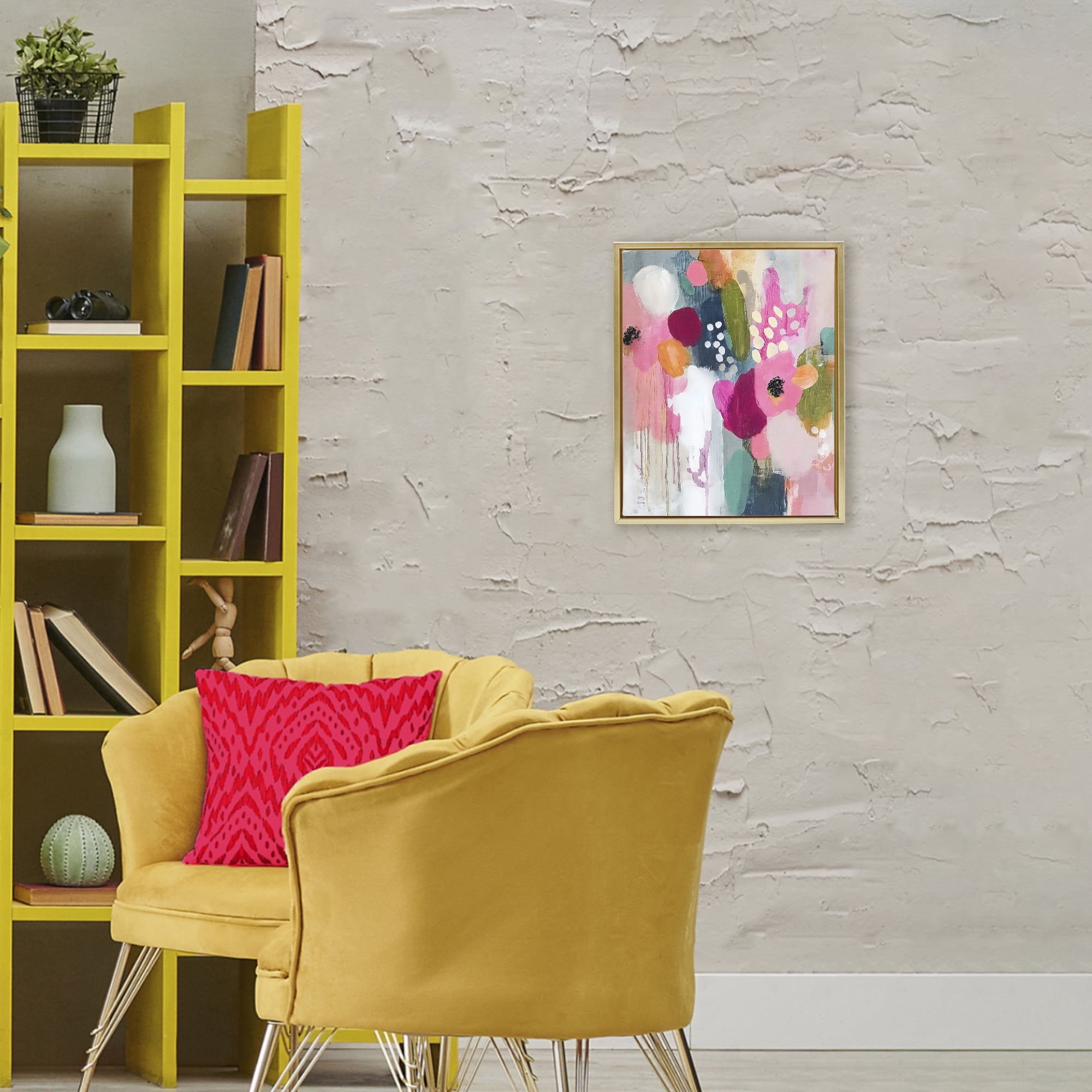 Stupell Industries Paint Drip Blooms Cascade Gold Framed Floater Canvas Wall Art, design by Riley B