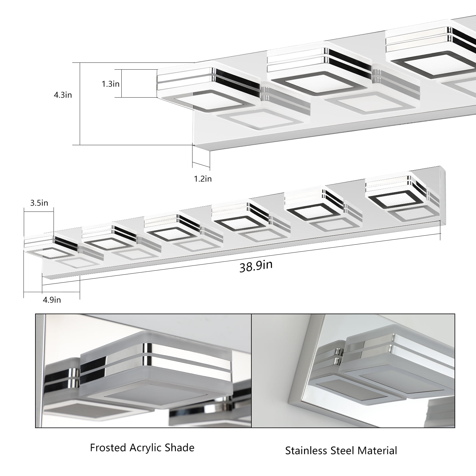 39" Modern Chrome 6-Light LED Vanity Light, Square Acrylic Lampshades Wall Mount Fixture for Bathroom, Mirror Lighting