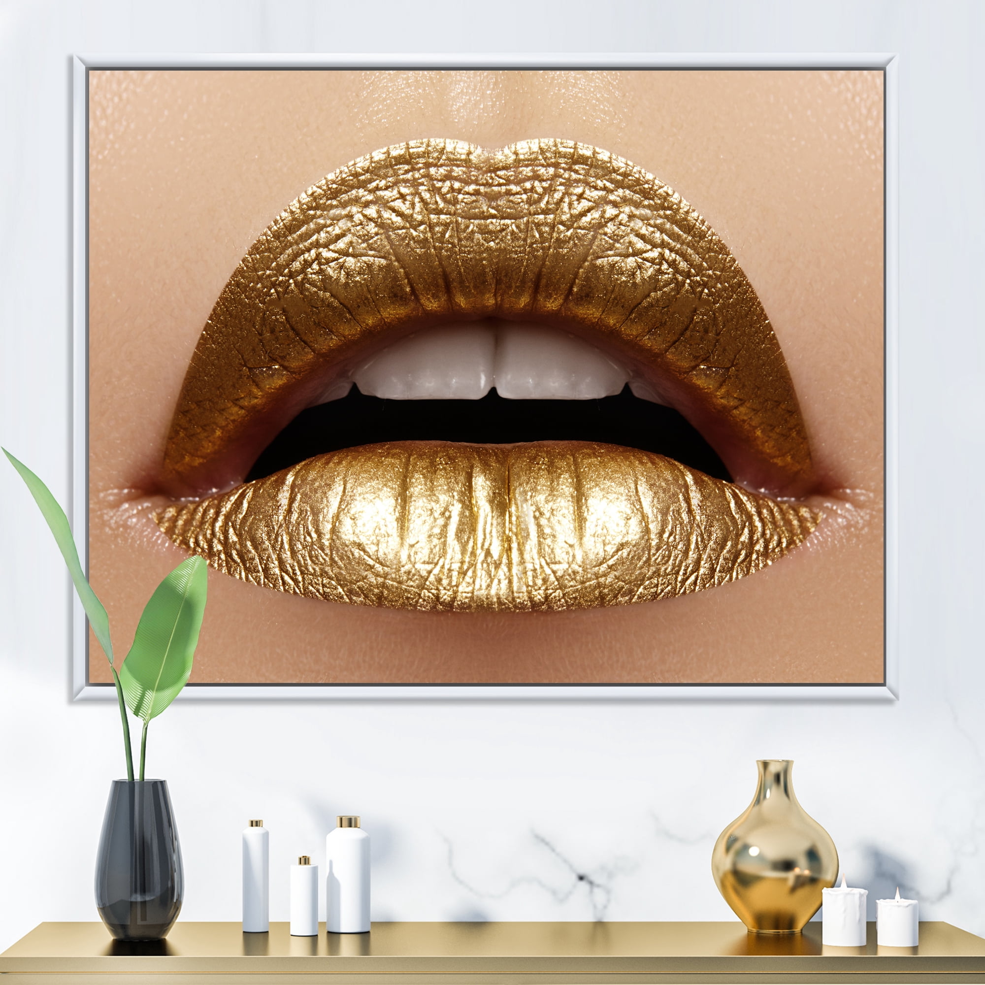 Designart 'Close Up of Woman Plump Lips With Golden Lipstick' Modern Framed Canvas Wall Art Print