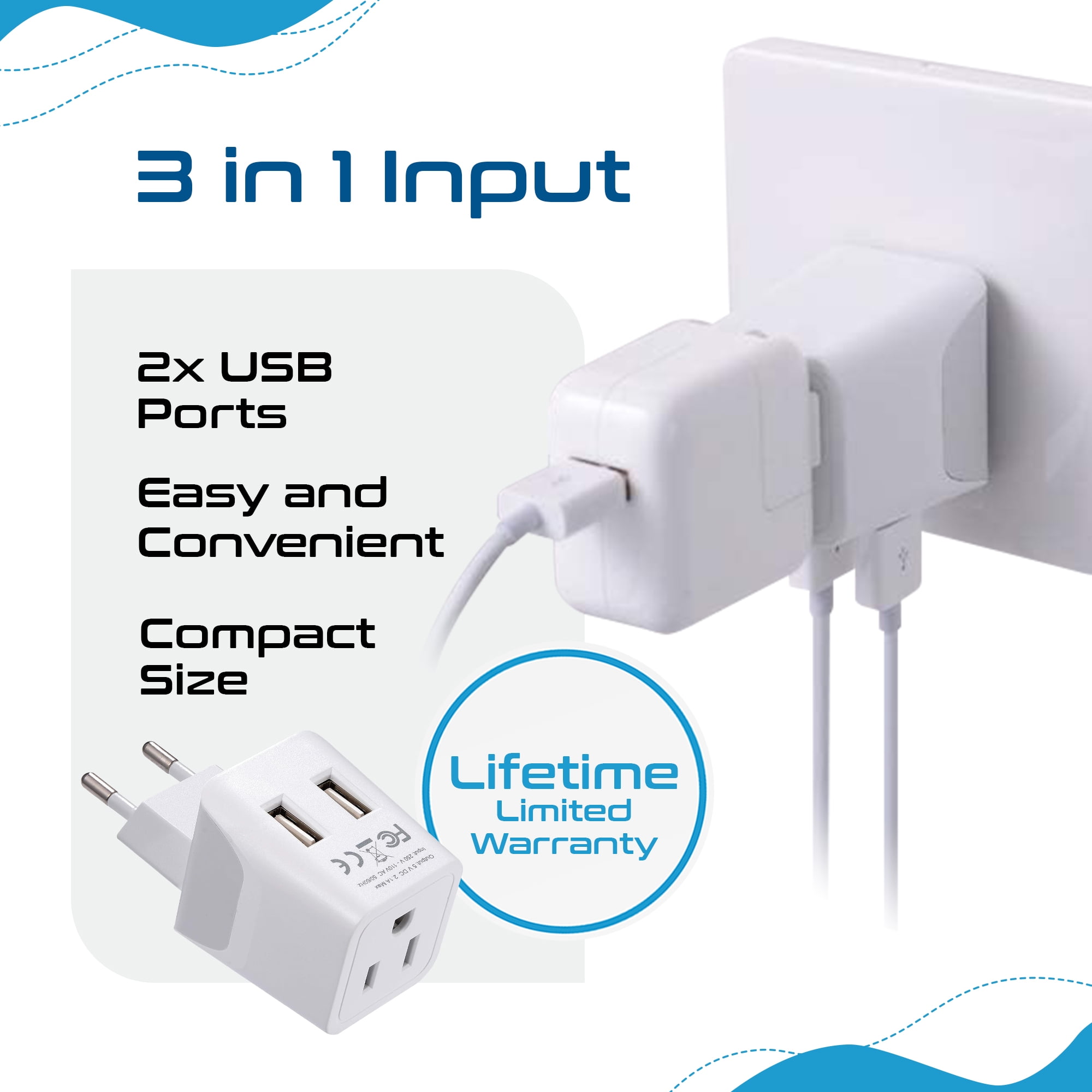 Ceptics CTU-9C Continental European Travel Adapter Plug - Type C - Dual USB Devices
