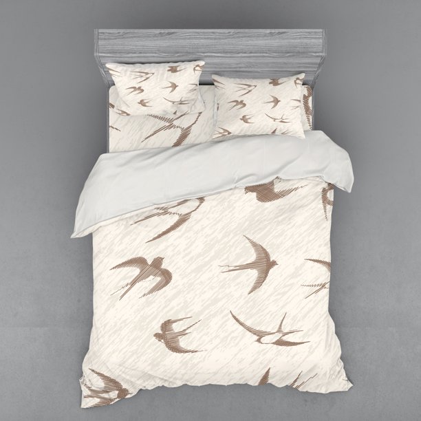 Birds Duvet Cover Set, Flying Bird Swallow Vintage Design Illustration