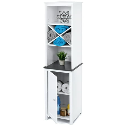 - Best Choice Products Wooden Bathroom Space Saving Standing Tall Floor Tower Storage Cabinet Organizer w/ Faux-Slate Adjustable Shelves - White