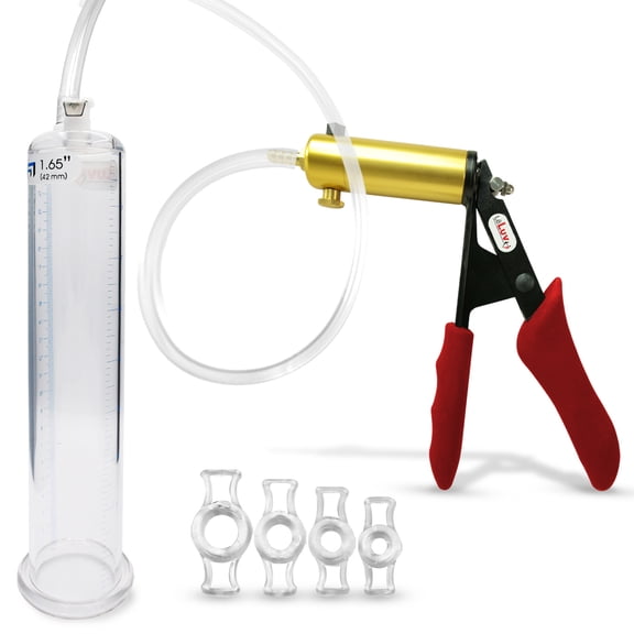 LeLuv Ultima Penis Pump, Brass w/ Red Handle, Silicone Grip, Clear Hose | 4 Cock Rings | 9" x 1.65" Cylinder