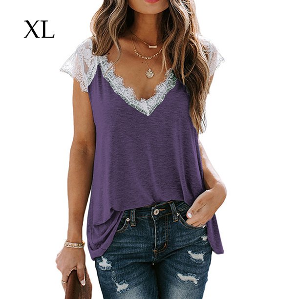 Camiseta de mujer Encaje Cuello en V Sin mangas Casual Loose Girl Summer Top, Morado, XL kenally AP001333-14