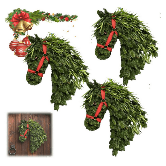 Chanana 3PCS Horse Head Wreath – Rustic Farmhouse Equestrian Door Decor, 2026 New Handmade Faux Holiday Wreaths, Wall Hanger Horse-Shaped Wreath Kitchen for Front Door Wall Windows Room Indoor