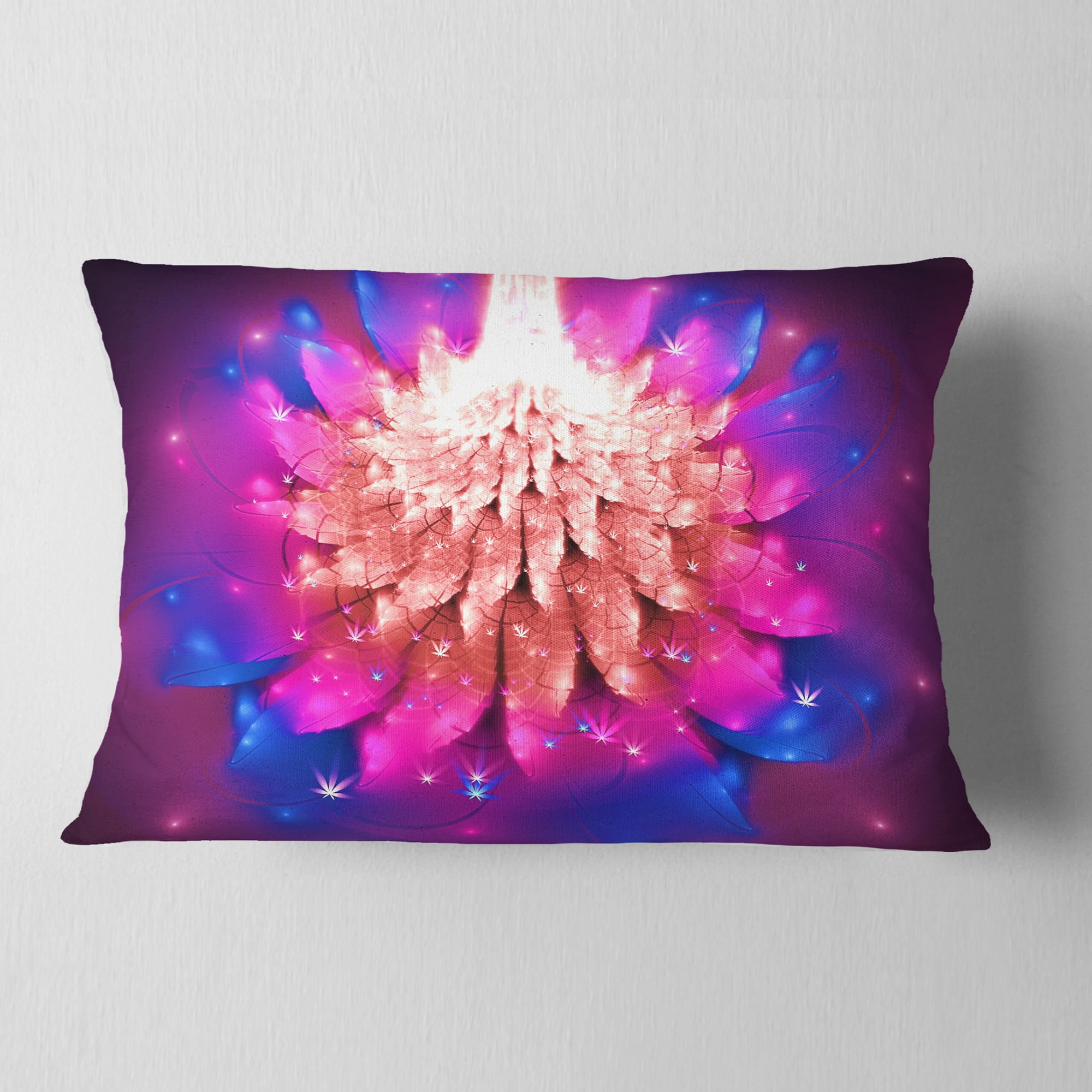 Designart Bright Pink Fractal Flower on Blue - Floral Throw Pillow - 12x20