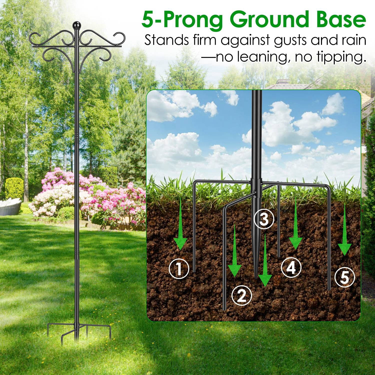 Adjustable Shepherds Hook with 5 Prong Base Dual Sided Hooks Sturdy Iron Garden Hanger for Bird Feeders Lanterns Flower Baskets Black