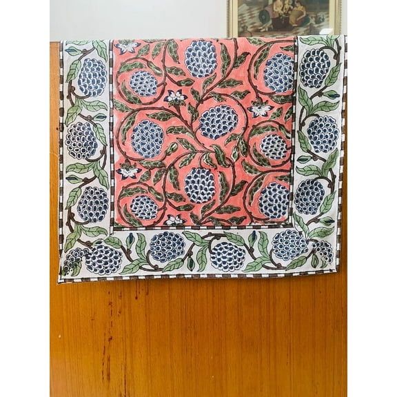 New Era Creation Salmon Pink Print Table Cloth, Cover India Cotton Table Linen, Custom,Gift for Her,Indian Table Cloth Indigo Print