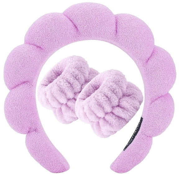 Spa Headband for Washing Face Wristband Sponge Makeup Skincare Headband Terry Cloth Bubble Soft Get Ready Hairband for Women Girl Puffy Padded Headwear Non Slip Thick Hair Accessory(Pink)