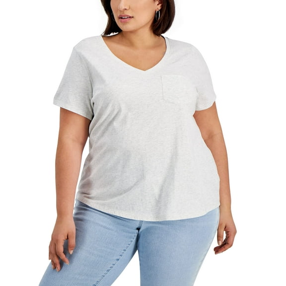 Style & Co Plus Size Cotton Solid V Neck Top Whispy Grey Heather 3X