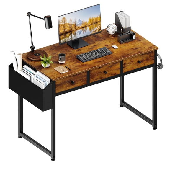32 Inch Rustic Brown Computer Desk with Storage Drawers and Side Rack for