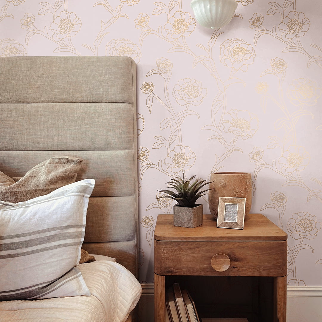 Tempaper Peonies Rose & Metallic Gold Floral Peel and Stick Wallpaper, 20.5" x 16.5'