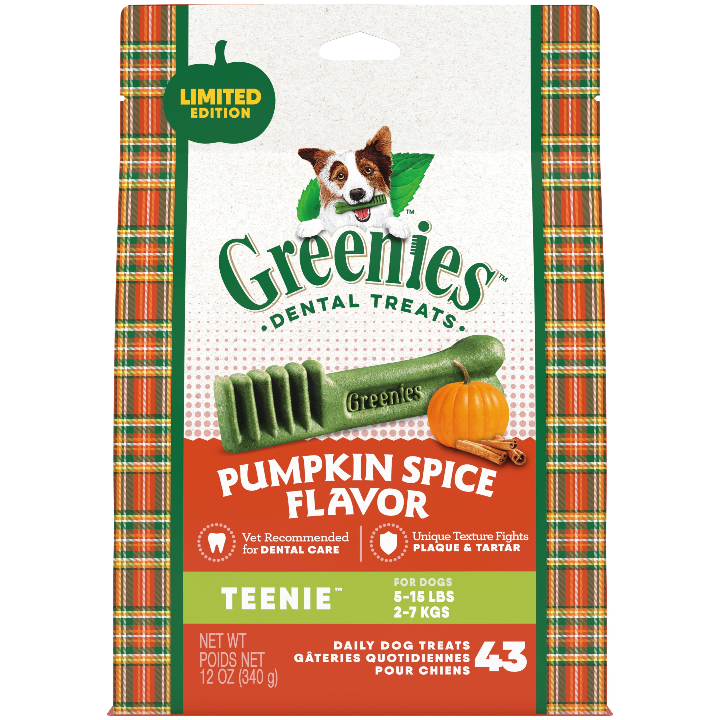 Greenies Pumpkin Spice Flavor TEENIE Size Dental Chew Treats for Small Dogs, 12 oz Pouch (43 Treats)