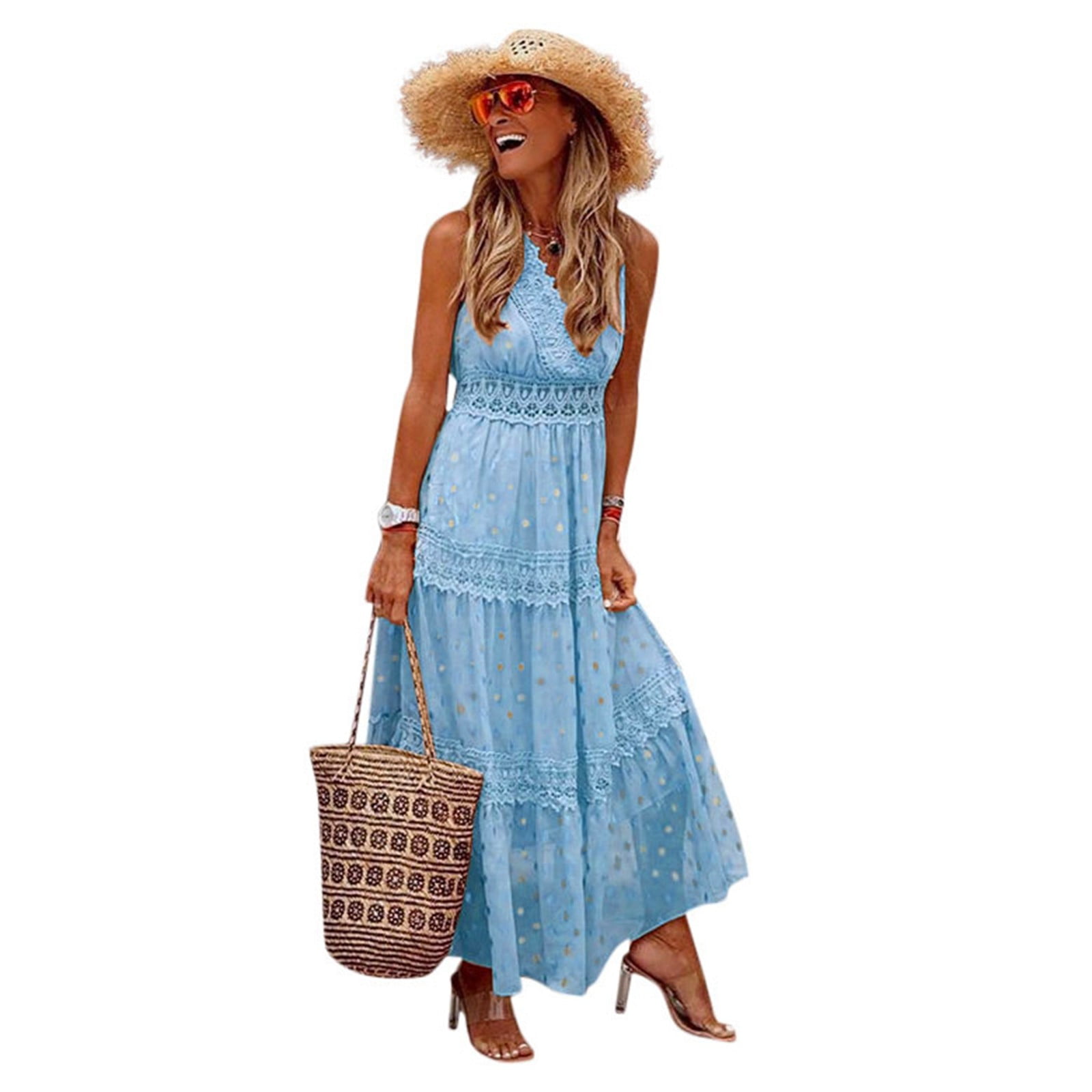 Ierhent Casual Dress Women Sleeveless Casual Pure Color Summer Swing Long Dresses Daily Party Beach Round Neck Summer Sundress(Blue,S)