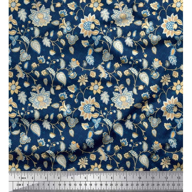 Soimoi Rayon Fabric Leaves & Floral Block Print Fabric by Yard 42 Inch Wide