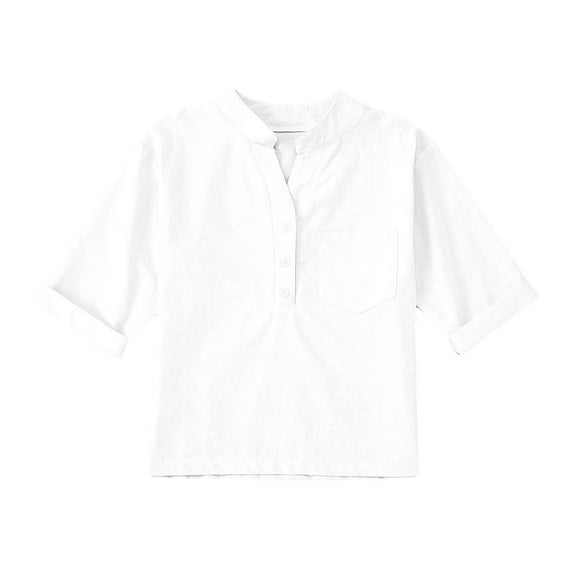 Linen Shirts For Girl 3/4 Sleeve V Neck Blouses Buttons Loose Fit T Shirts Solid Color Summer Holiday Tops Long Shirt Kids Long Sleeve T Shirt