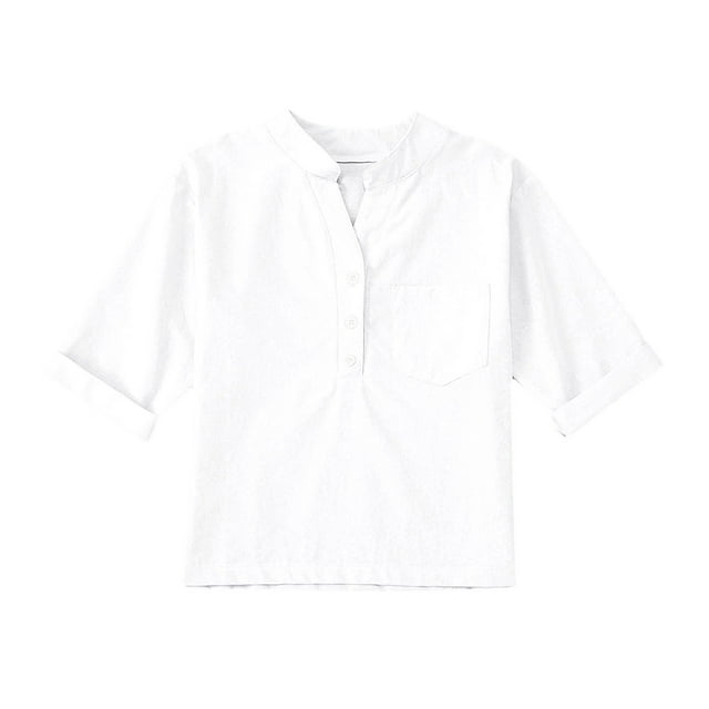 Xuewenshw Linen Shirts For Girl 3/4 Sleeve V Neck Blouses Buttons Loose Fit T Shirts Solid Color Summer Holiday Tops Girl Ruffle Outfits