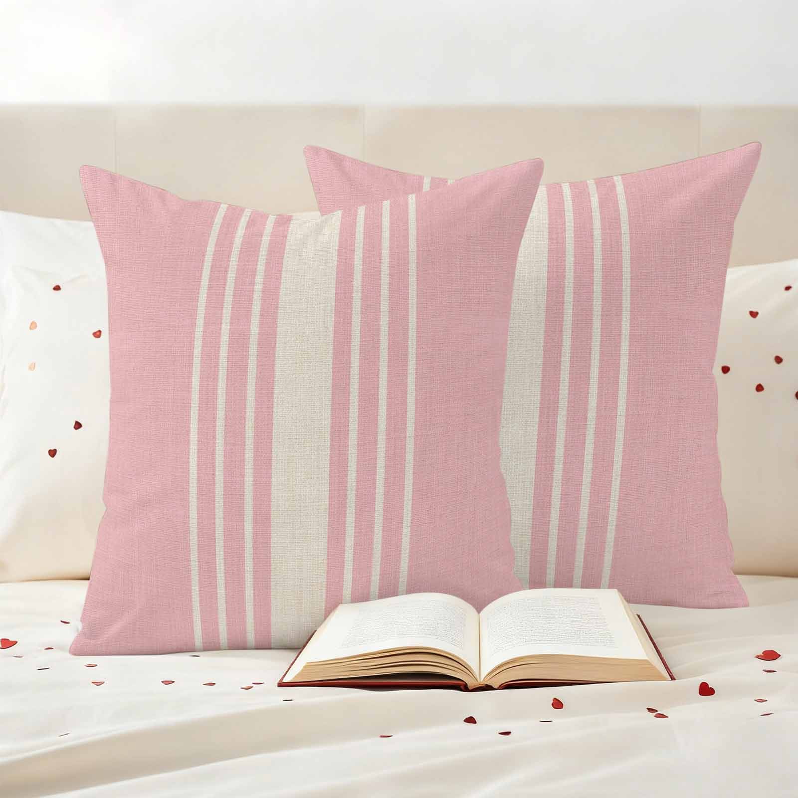 Pink Beige Striped Outdoor Waterproof Pillow Covers, Modern Farmhouse Retro Lines Decorative Square Throw Pillowcase Sofa Cushion Sham for Patio/Couch/Chair, 26"x26" 2 Pack
