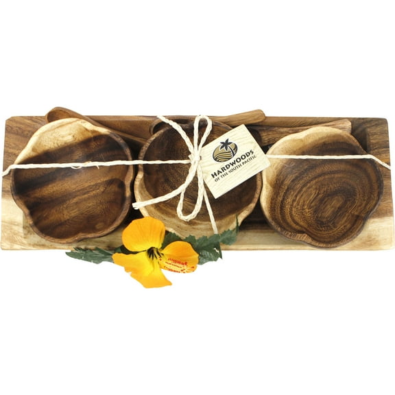 Acacia Wood 3 Container Hibiscus Condiment with Tray