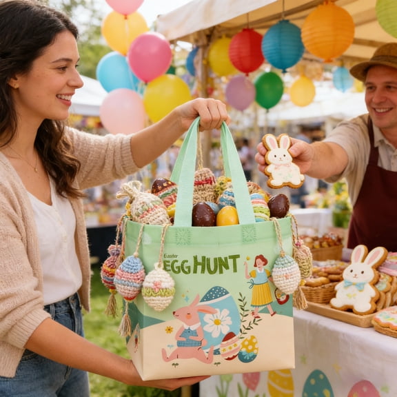 Easter Bags, with Handles and Reusable Gift Bags, Bunny Easter Egg Hunt Party Treat Bag for kids, Waterproof Goodie Tote Bags for Holiday Favors