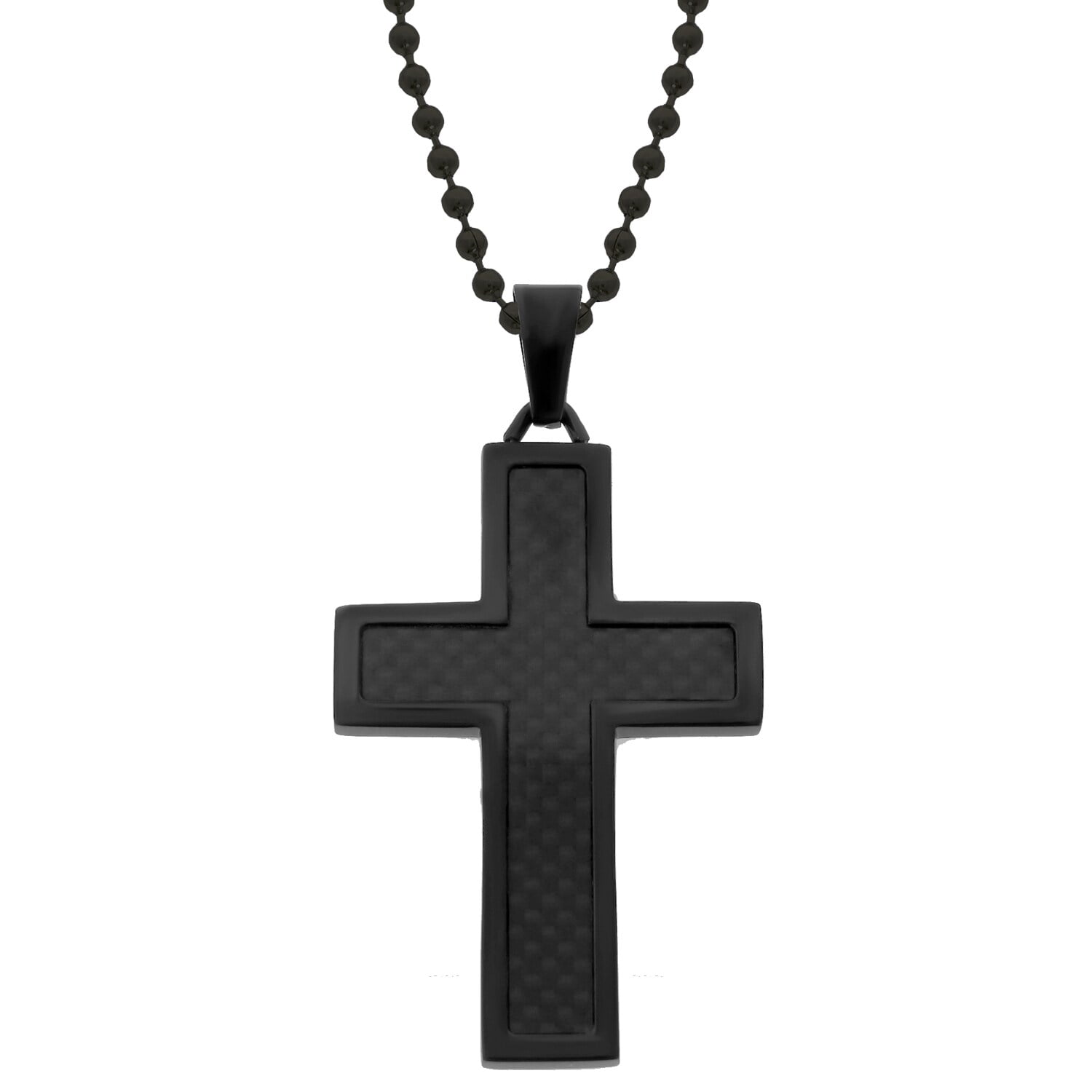 Blackplated Stainless Steel Carbon Fiber Cross Pendant Necklace