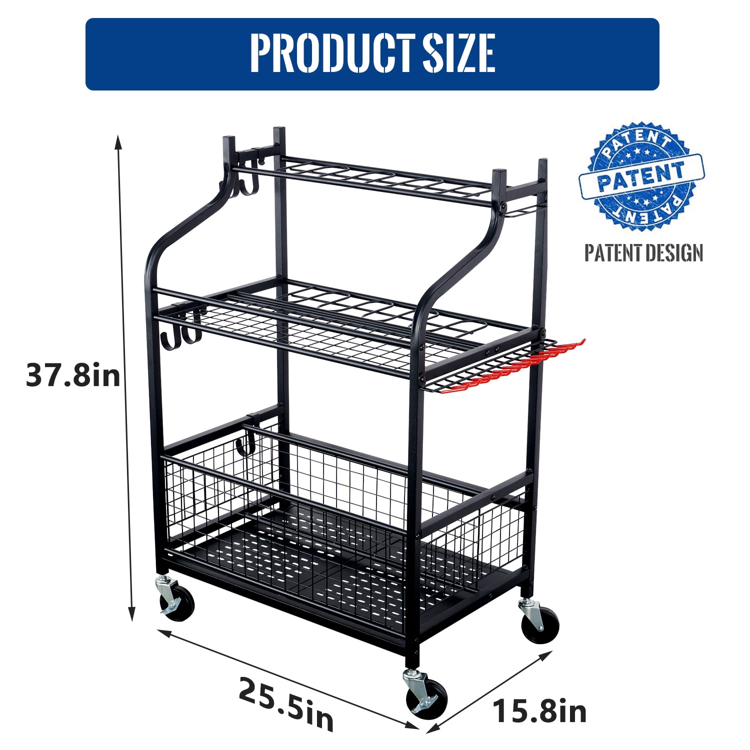 Mythinglogic Gardening Tool Organizer with Wheels, Outdoor Lawn Rack Holder, Alloy Steel, Black