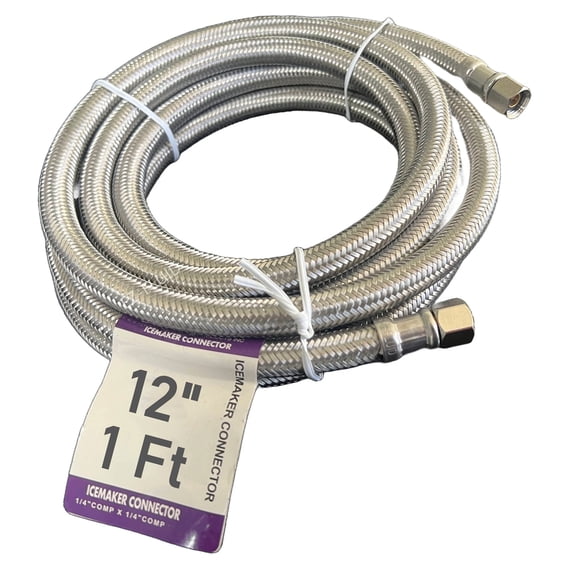 EZ-Fluid 12" X 1/4" Female Comp x 1/4" Female Comp (1FT) Flexible Refrigerator Icemaker Water Supply Hose Connector line For Portable & Home-1Pc