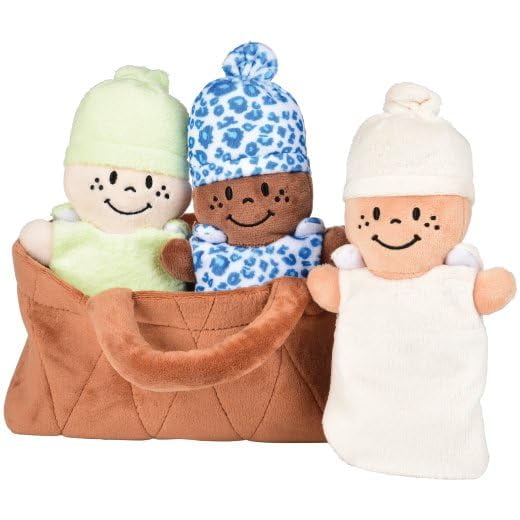 Creative Minds Cesta de bebés con 3 muñecos de peluche súper suaves de 9 pulgadas para bebés y niños Juego de juguetes sensoriales multiculturales de felpa para bebés con cesta Verde Blanco Azul