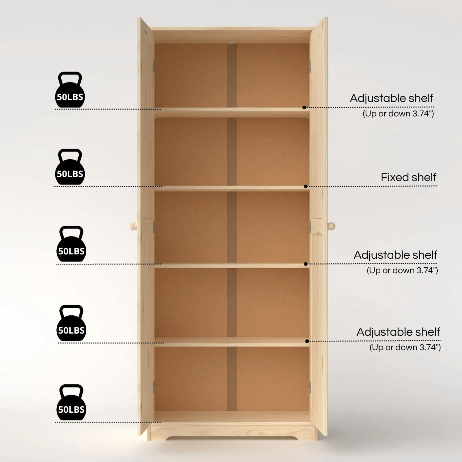 From the Tree Furniture Pantry Cabinet with Adjustable Shelves, Solid Pine Wood, Unfinished, 2 Doors