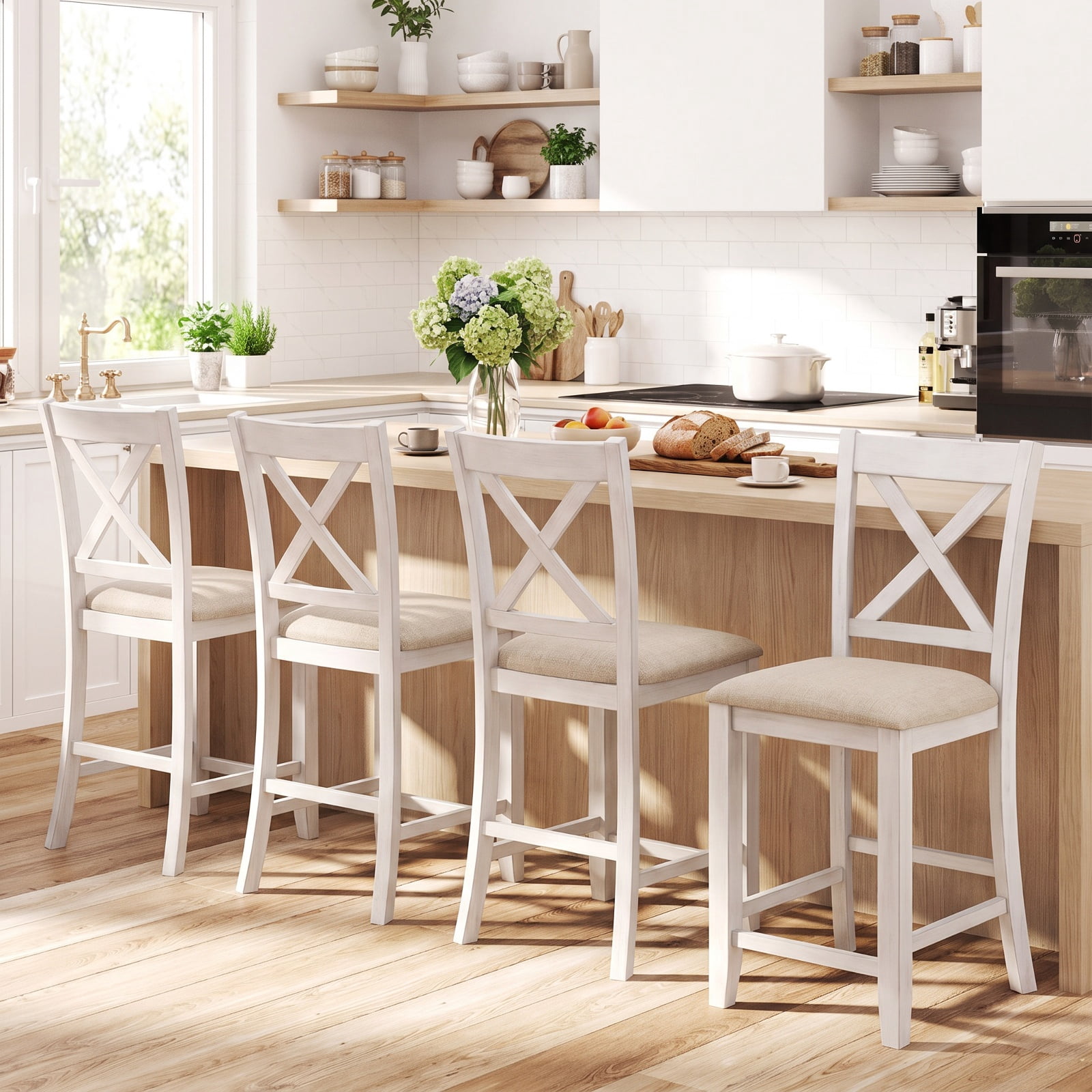 Furnibear Modern Farmhouse Counter Height Stools with Footrest and Cushion for Kitchen Island Counter Bar Pub Dining Home, White