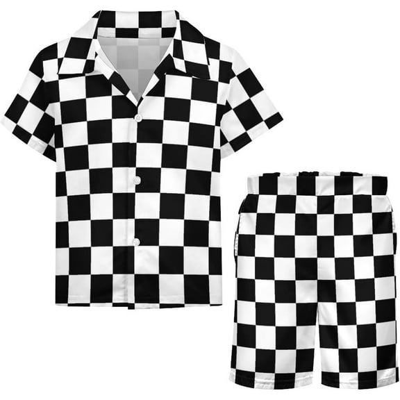 OLGCZM Black White Checkered Boys Hawaiian Shirt Sets Kids Casual Button Down Short Sleeve Shirt 7-8T