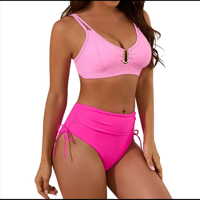 Trajes de Baño de Cintura Alta para Mujer, Trajes de Baño con Control de Abdomen, Trajes de Baño de Dos Piezas con Recortes y Fruncido Cruzado, Conjuntos de Bikini. Rosa L
