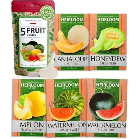 HOME GROWN Melon Seeds Variety Pack MVR1 - 5 𝗡𝗢𝗡-𝗚𝗠𝗢 Heirloom Fruit Seeds: Watermelon, Cantaloupe, Honeydew, Sugar Baby & Melon - High Germination 𝗨𝗦𝗔 for Planting Home Garden Indoors.