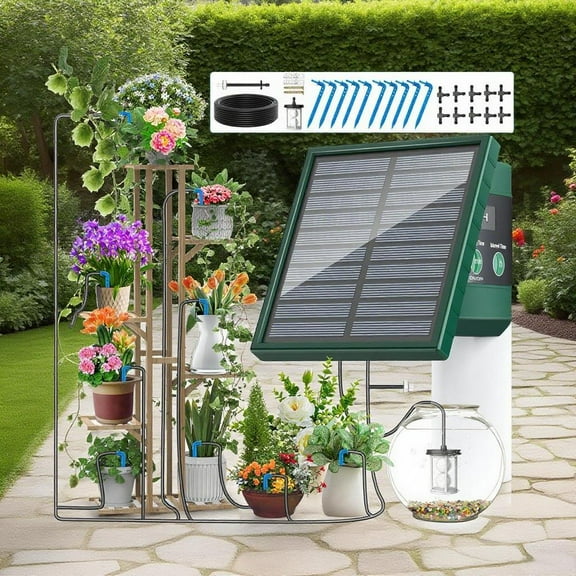TRJZWA Solar Irrigation System for Garden Balcony Outdoor/Indoor Automatic Drip Irrigation System, DIY Garden Watering System Drip Hose Irrigation with Anti-Siphon and 10m Irrigation Drip Hose