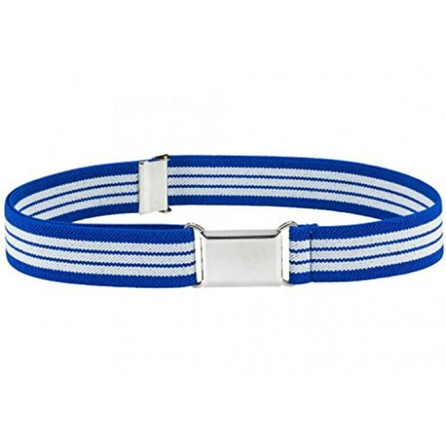 Kids Elastic Adjustable Strech Belt With Silver Square Buckle - Royal Blue And White Stripe