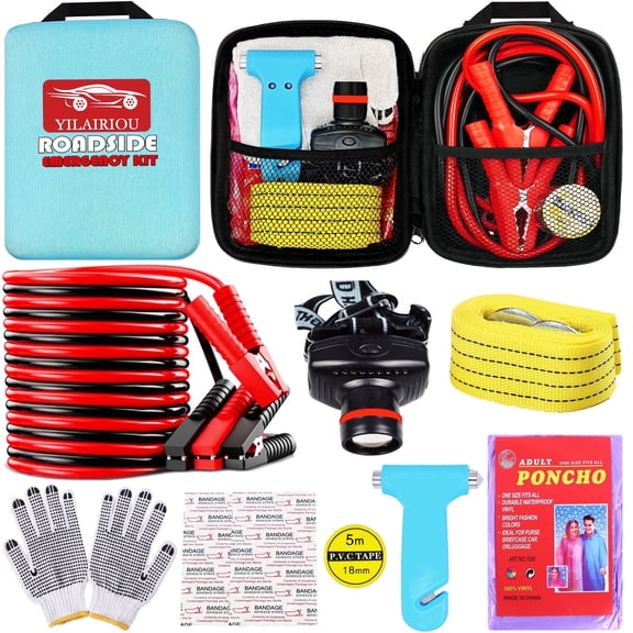 YILAIRIOU Car Emergency Roadside Tool Kit, Auto Emergency Kits Vehicles, with Jumper Cables kit，Car Safety Roadside Assistance Kit,Headlamp,Tow Straps,Safety Hammers,Rainwear,Gloves.Sky Blue