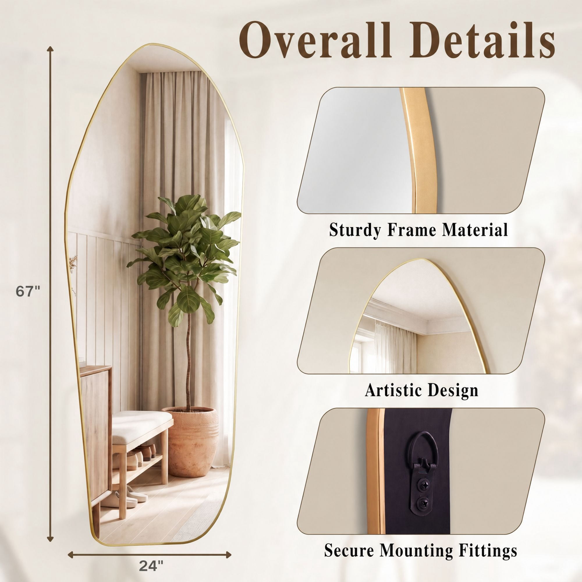 Easy4Home 67"x24" Irregular Full Length Mirror Decorative Standing Floor Mirror Wall Mounted, Gold