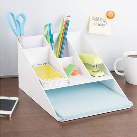 InterDesign Linus Office Supplies Desk Organizer with Paper Tray White