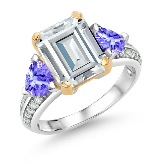 Gem Stone King 925 Sterling Silver and 10k Yellow Gold White Moissanite and Blue Tanzanite 3 Stone Engagement Ring for Women (4.54 Cttw, Emerald Cut Cut 10X8MM, Size 5)
