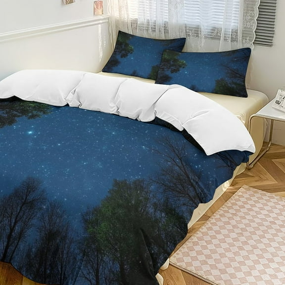 Purple Galaxy Space Planet Eyelet Universe Stars Starry Forest Duvet Cover Set Bedding Set Polyester Quilt Cover for Bedroom Decoration